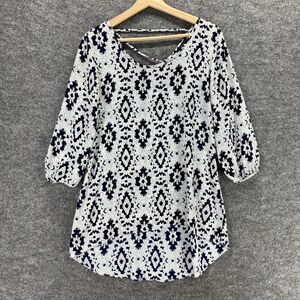 Nouvida Top Women S Small Black White Floral Sheer Blouse 3/4 Sleeve